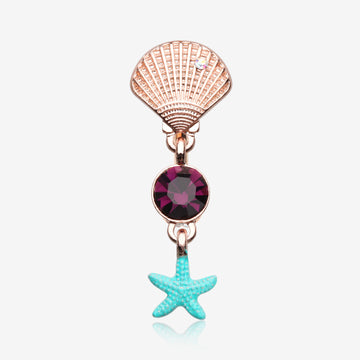 Rose Gold Ariel's Shell Starfish Sparkle Reverse Belly Button Ring-Aurora Borealis/Purple/Aurora Borealis